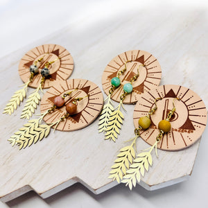 Brass Flower Stem Dangle Earring With Semi-Precious Stones In Mint, Yellow, Peach or Dalmatian