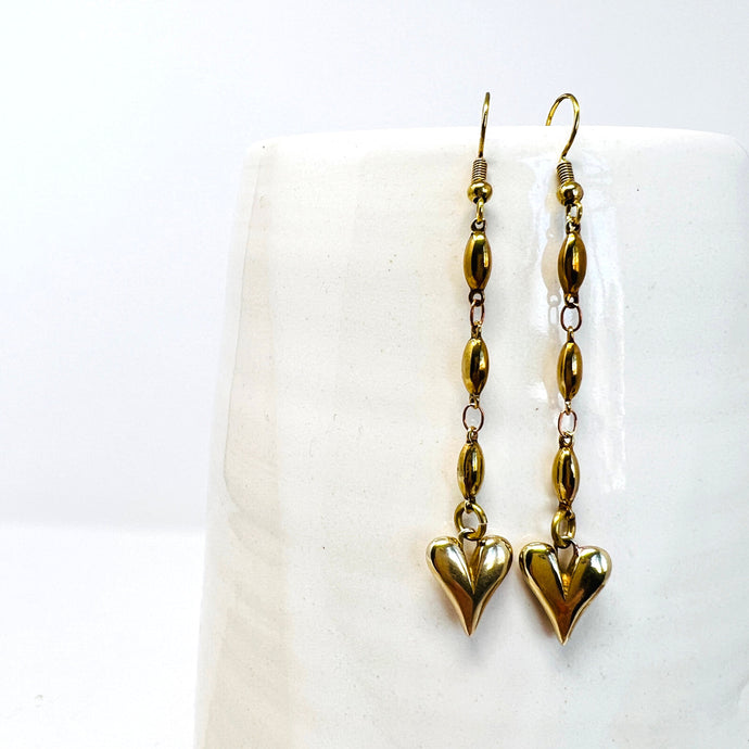 Golden Brass Heart Dangle Earrings, Solid Brass, Industrial