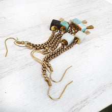 Gemstone Earring - Amazonite Cube & Vintage Brass Chain