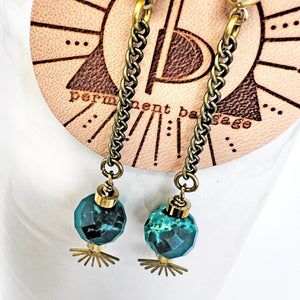 Brass Chain Dangle Earring with Rich Green Emperor Jasper and Sun Ray Accent