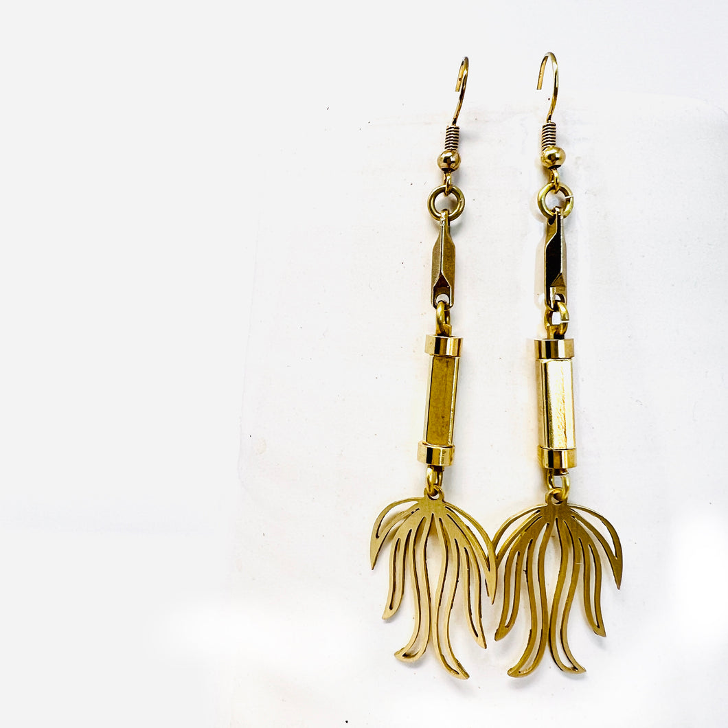 Golden Brass Industrial Lotus Flower Long Dangle Earring