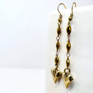 Golden Brass Heart Dangle Earrings, Solid Brass, Industrial