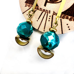 Geometric Brass Dangle Earring With Rich Marbled Green Jasper Stone