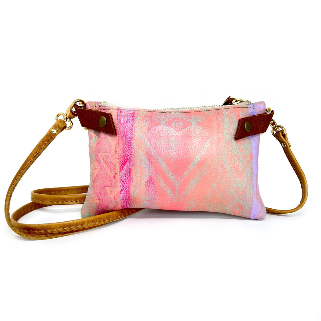Small Leather Shoulder Bag Crossbody Purse For Women - Hand Painted in Colors of Peach Teal & Fuchsia - One Of A Kind