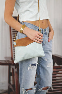 Leather Crossbody Purse  For Women - Brown With  Terra Cotta Peach Sage and White